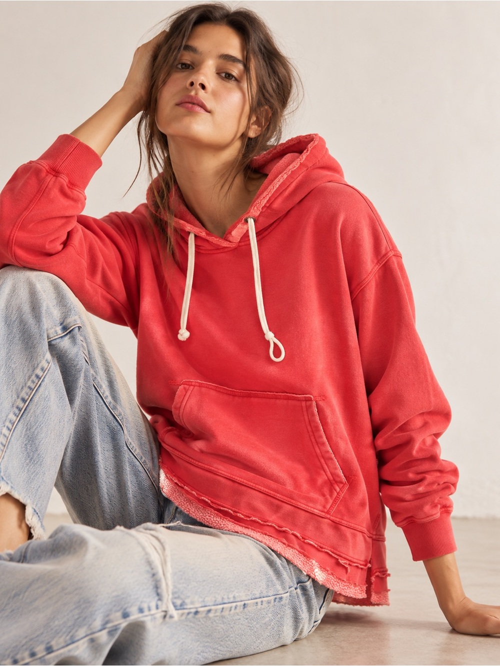 We The Free Free People Hoodie Womens Size S Red Pullover Raw Hem Casual